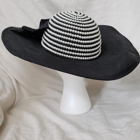 Vintage Whittall & Shon Cartwheel Style Hat Black Faux Pearls on Crown Derby main image 6